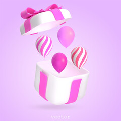 3d Gift Box With Air Balloons. Open Present Box With Pink Ribbon and Bow. Surprise, Birthday Party, Anniversary, Wedding, Gender Party, Baby Shower Party. Vector Render Illustration In Cartoon Style.