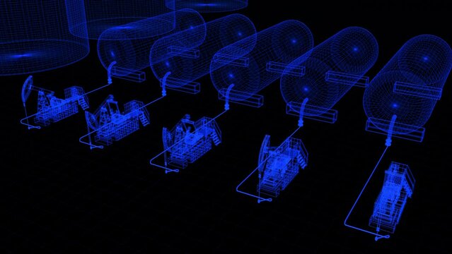 A group of oil pumps extracts oil and gas from the bowels of the earth. The pumps swing and are presented in the form of a frame of painted lines and a neon structure. Oil is pumped into barrels. Loop