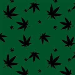 Marijuana seamless pattern on green background, Cannabis Leaf. Vector scarf isolated plant wrapping paper repeat wallpaper tile background abstract design for print screen.
