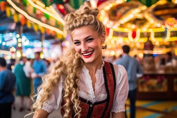 Young Oktoberfest Beauty: Enjoying Festivities in Traditional Dirndl Attire, Generative AI