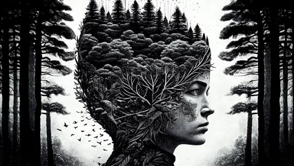 Mysterious portrait of a woman's soul of the forest black and white drawing double exposure © Natalia