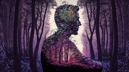 Mysterious portrait of a soul of the autumn forest colorful drawing double exposure