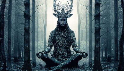 Mysterious portrait of a soul of the forest with deer horns in meditation a drawing in dark blue colors