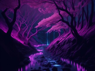 Beautiful enchanted cherry blossom forest, aerial cinematic, winding bright neon pink luminous path leading to vibrant waterfall, raking light