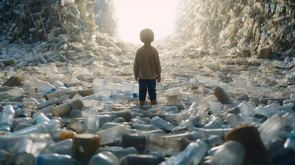 Sad future lonely child stands among the rubble of plastic bottles - obrazy, fototapety, plakaty