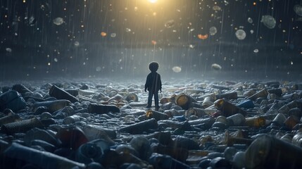 Sad future lonely child stands among the rubble of plastic bottles