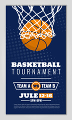 Vector illustration about basketball tournament, match, game. Use as advertising, invitation, banner, poster
