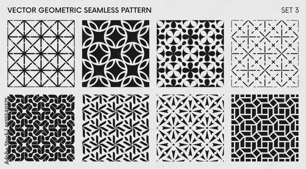 Fototapete Seamless vector elegant abstract geometric pattern for various design, Black and white rhythmic repeating texture, creative modern background with element various shapes, set 3
