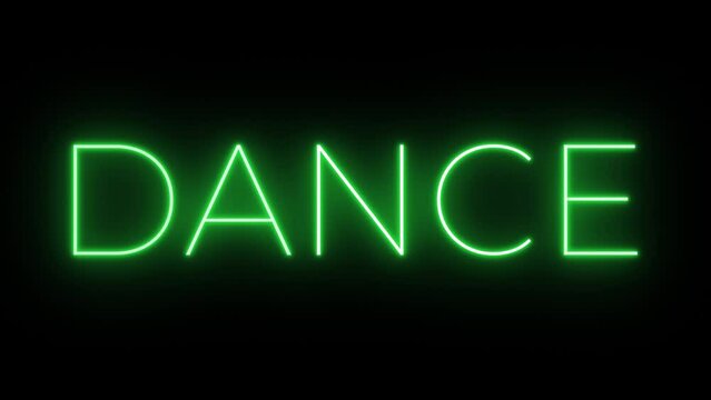 Flickering neon green glowing dance text animated on black background