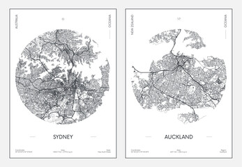 Fototapeta premium Travel poster, urban street plan city map Sydney and Auckland, vector illustration