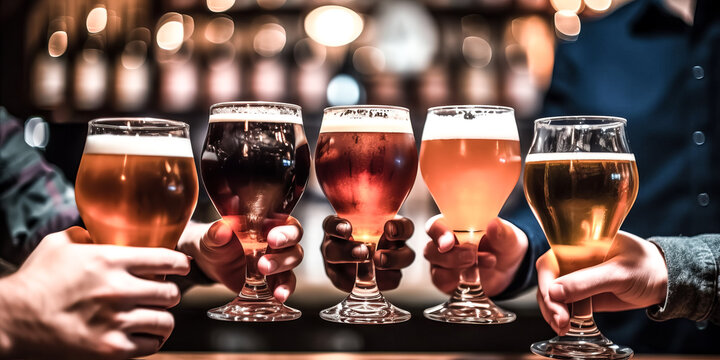 A group of people socialize and enjoy beer at a brewery pub.