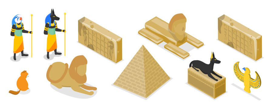 3D Isometric Flat Vector Set of Egypt Symbols, Old Civilization Archaeology Artifacts
