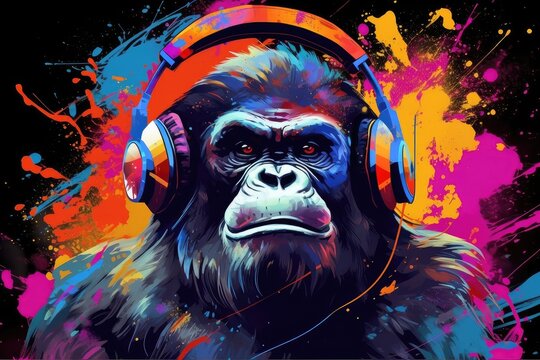 Painting of a gorilla with headphones. Vibrant colors and the splashes of paint in the background.