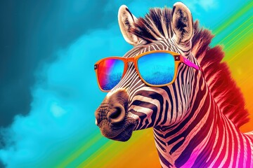 Vibrant rainbow zebra in sunglasses on summer holiday.  - obrazy, fototapety, plakaty