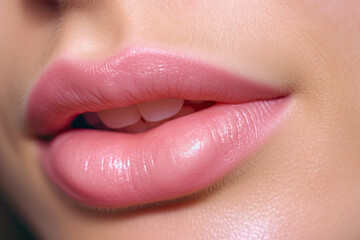 Fototapeta premium close up of beautiful woman's lips with pink lipstick with macro photo created with Generative AI Technology