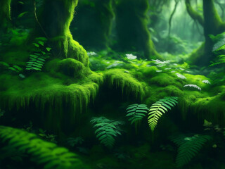 Fototapeta na wymiar Green plants in forest, Generative AI Illustration.