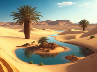 Beautiful oasis in desert, Generative AI Illustration.