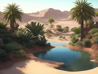 Beautiful oasis in desert, Generative AI Illustration.