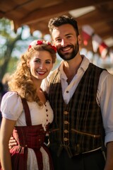Oktoberfest Moments: Couple in Traditional Attire with Dirndl Enjoying the Festive Ambience, Generative AI