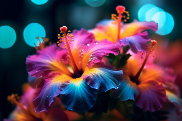 Colorful Hawaiian flowers with bokeh Generative AI