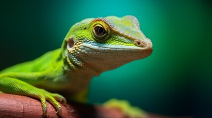 Fototapeta premium Green anole close-up. A small reptile in bright green color. Generative AI