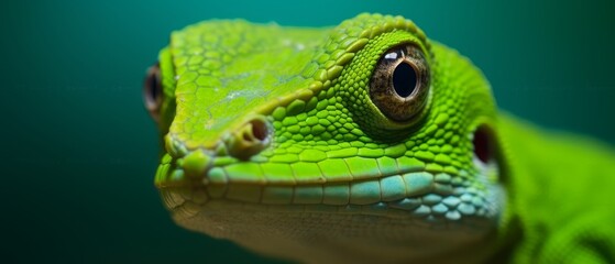 Fototapeta premium Green anole close-up. A small reptile in bright green color. Generative AI