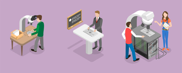 3D Isometric Flat Vector Conceptual Illustration of Electronic Devices Manufacturing, Engineers Working with Circuits