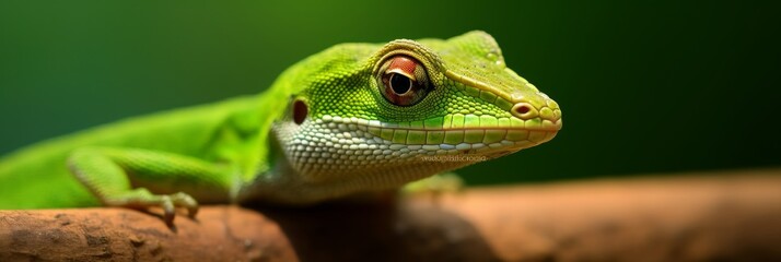Fototapeta premium Green anole close-up. A small reptile in bright green color. Generative AI