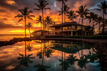 Hawaiian sunset at a beachfront resort Generative AI