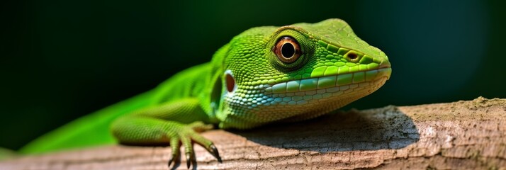 Fototapeta premium Green anole close-up. A small reptile in bright green color. Generative AI