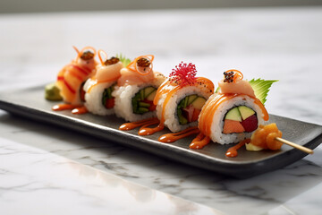 Beautiful Sushi Platter Flat Lay on White Marble/Stone Background with Fresh Fish, Rice, and Seaweed - Studio Lighting Effect - Asian Cuisine Food Photography - Generative AI