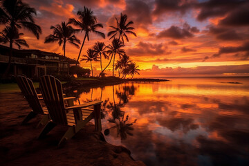 Hawaiian sunset at a beachfront resort Generative AI - obrazy, fototapety, plakaty