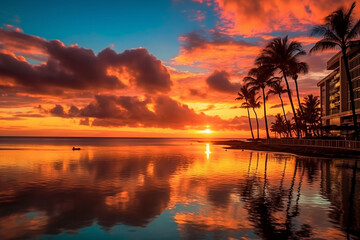 Fototapeta na wymiar Hawaiian sunset at a beachfront resort Generative AI