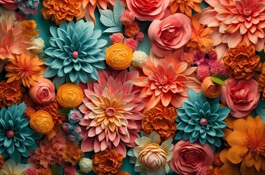 Many colorful flowers against blue background, in the style of graflex speed graphic, organic nature