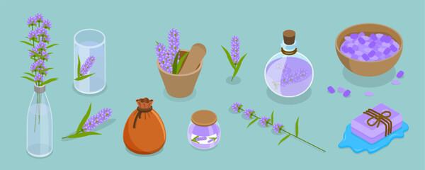 3D Isometric Flat Vector Set of Lavanders Products, Flowers and Cosmetics