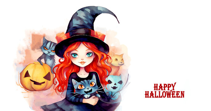 Halloween witch in black hat. Happy halloween concept.  Post processed AI generated image.