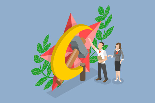 3D Isometric Flat Vector Conceptual Illustration of Communism, Russian and North Korean Strategy to Control People Minds