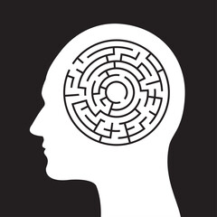 Human disorientation in the mental labyrinth - psychological state of being disoriented, aimless and directionless man. Searching and seeking the way. Vector illustration isolated on plain black.