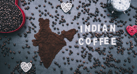 Eid Mubarak Coffee concept image, India map made of Coffee powder with crescent moon on the...