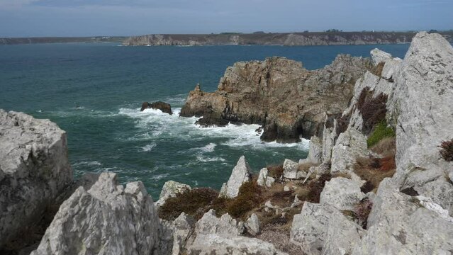 A general view of the coastline, the cliffs and the Atlantic Ocean from the "Ch&acirc;teau de Dinan". September 2022, Crozon, France.