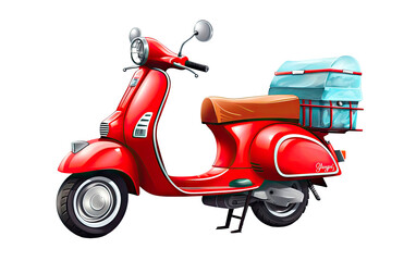 Courier service Delivery. Creative concept design scooter red color, cardboard boxes. Time to Shopping.