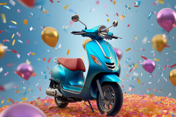 Retro scooter for delivery pizza on the festive background with air balloons. Super photo realistic background. Generative ai illustration