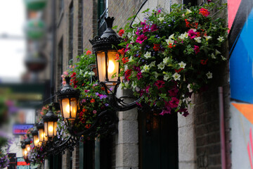 Wall Lamps and Flower Baskets in the Temple Bar, Dublin, Ireland