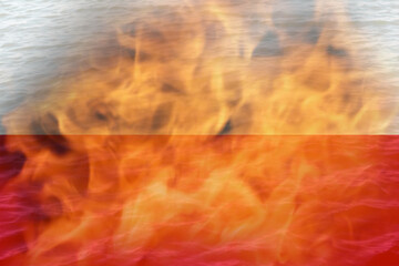 Flag of Poland. protest in Poland. Conflict war over border. Country flag. Woman low rights. Fire, flame