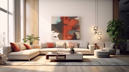 Mockup poster frame in modern interior. 3D Render. Generated with AI technology.