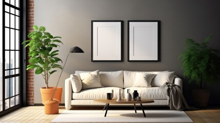 Mockup poster frame in modern interior. 3D Render. Generated with AI technology.