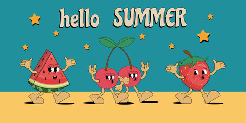 Banner hello summer. A set of funny fruit mascots: happy watermelon, strawberries, cherries on a blue background. Vector flat illustration of comic characters in a trendy retro cartoon style of the 70