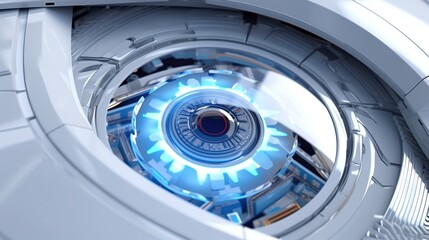 A futuristic representation of a robotic eye. Focused robot look. Abstract high tech concept. Digital or electronic technology. Generative AI. Illustration for banner, cover, brochure or presentation.