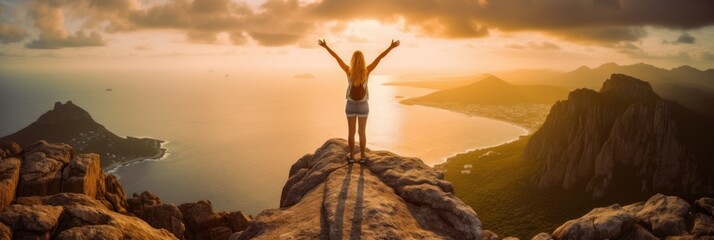 Woman stands on a rocky cliff overlooking a vast ocean with her arms raised. Concept of personal achievement and overcoming challenges. Generative AI