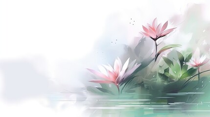 Beautiful blooming white water lily lotus flower with green leaves in the pond. Generative AI. Illustration for cover, postcard, interior design, invitations or print.